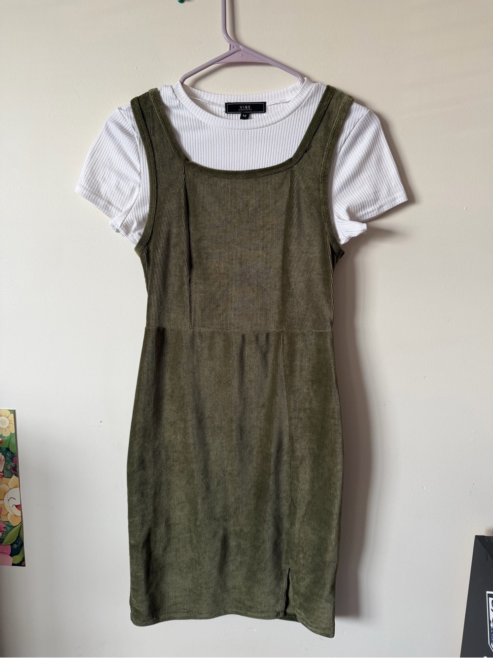 Vibe Olive Green Suede-Look Pinafore Mini Dress